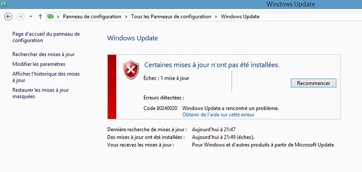 Erreur mise à jour Windows