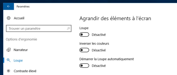 Options d'accessibilité Windows 10