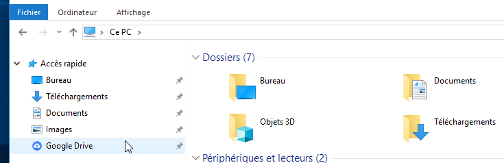 Raccourci Google Drive dans Accès rapide