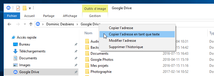 Copier l'adresse vers le dossier Google Drive