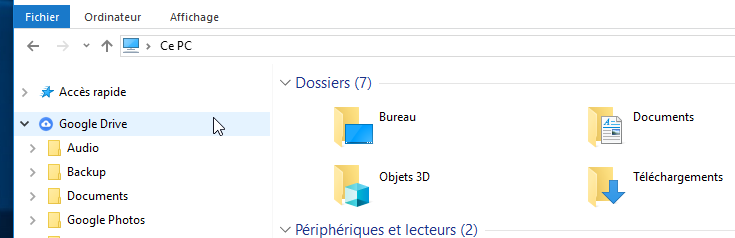 Raccourci Google Drive dans Explorateur de fichiers