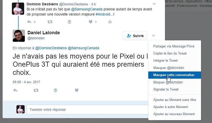 Masquer une discussion Twitter