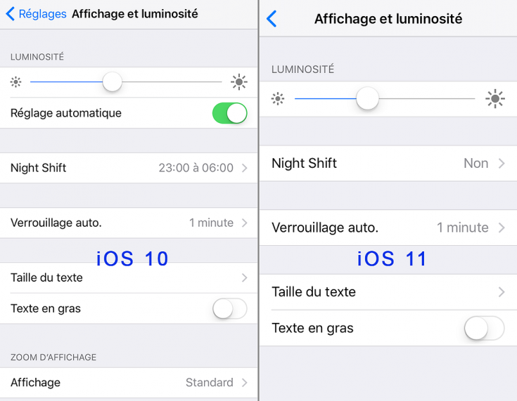 Réglages iOS 10 VS iOS 11