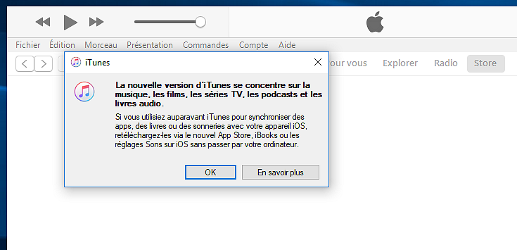 Avertissement sur iTunes 12.7