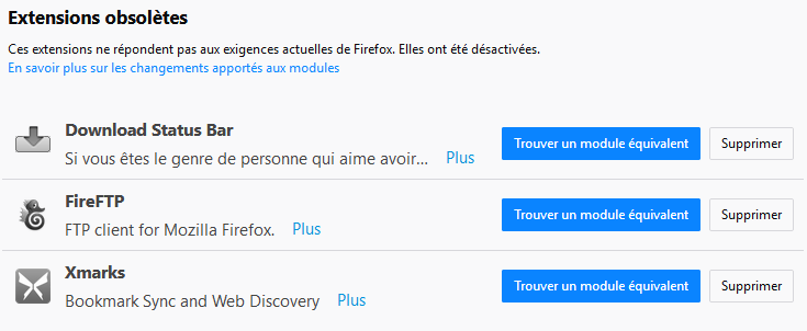 Exemple d'extensions non compatibles