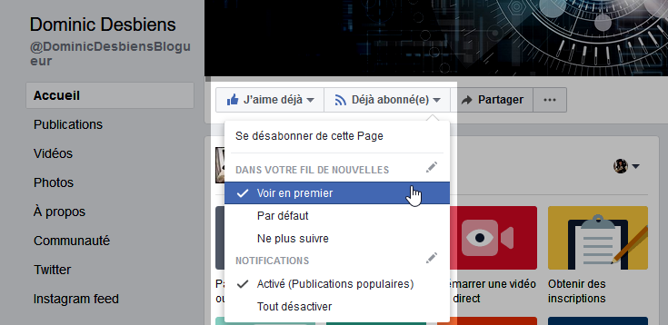 Notifications d'une page Facebook