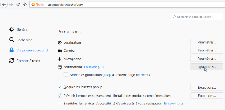 Options de notifications dans Firefox