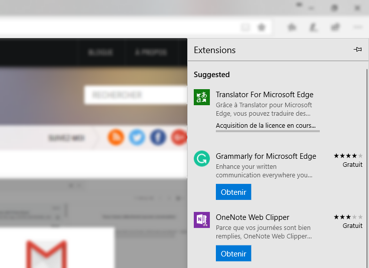 Suggestions d'extensions dans Edge