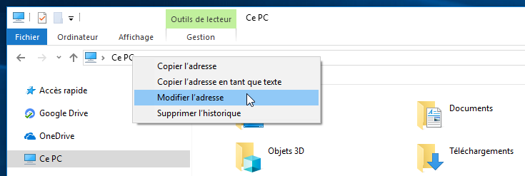 Modification de l'adresse dans l'Explorateur de fichiers Windows