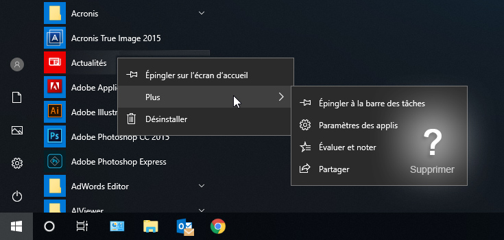 Menu Démarrer Windows 10 ne peut pas supprimer