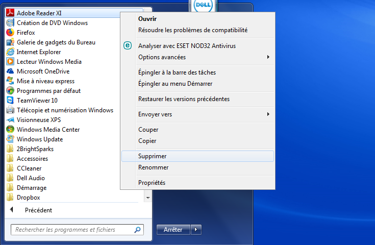 Supprimer un item du menu Démarrer Windows 7