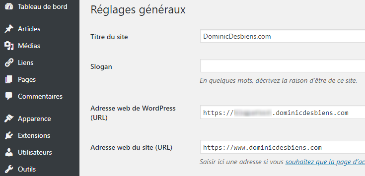 URLs dans les réglages de WordPress