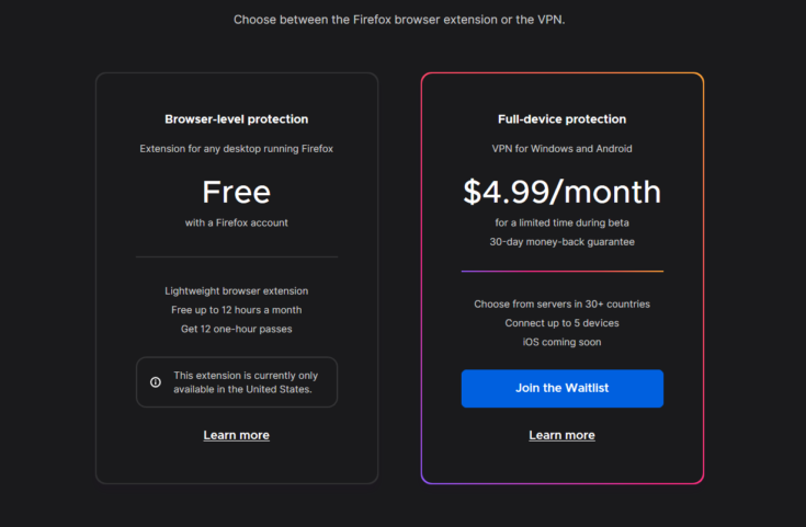 Les 2 services VPN de Mozilla