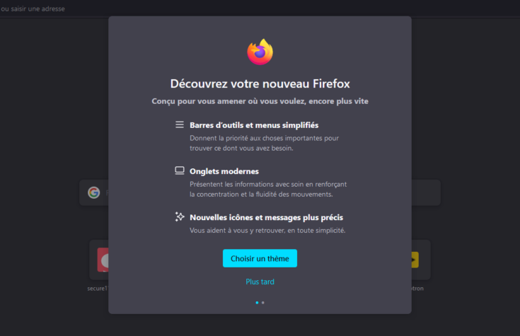 Message de bienvenue Firefox Proton