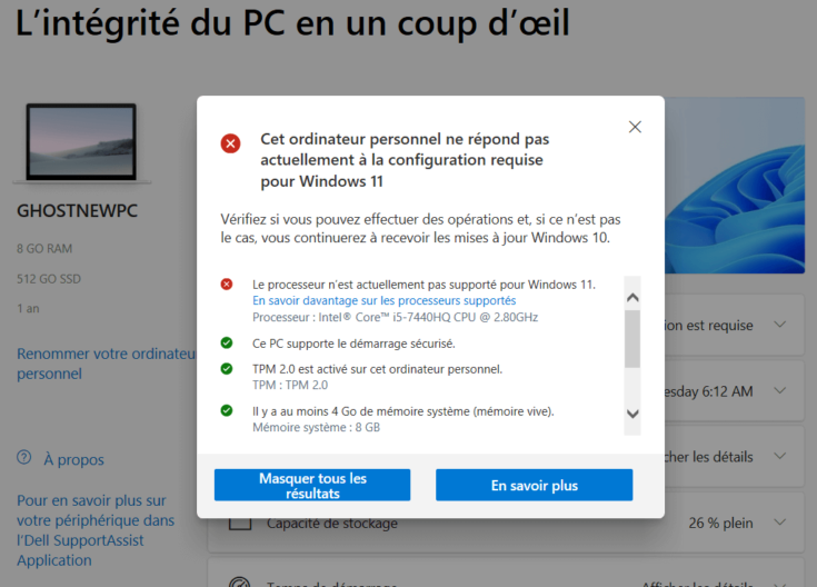 Exigences non respectées pour Windows 11