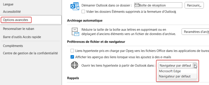Sélection du navigateur par défaut dans Outlook