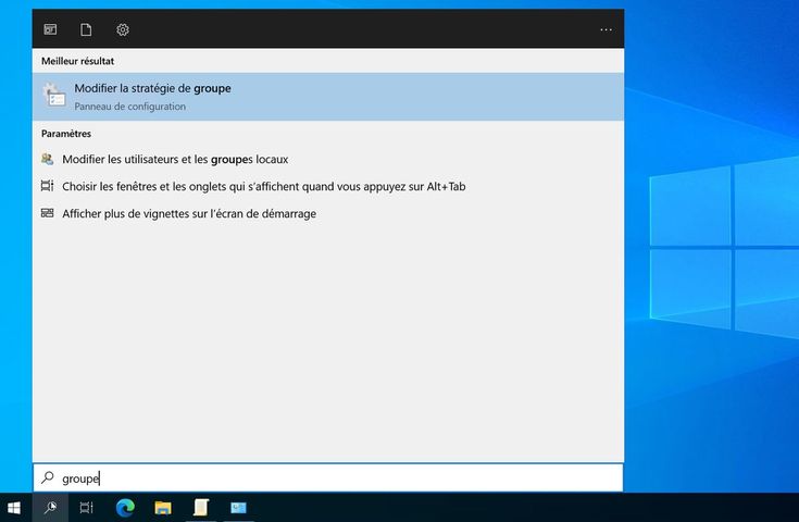 Recherche Windows pour l'éditeur de stratégies